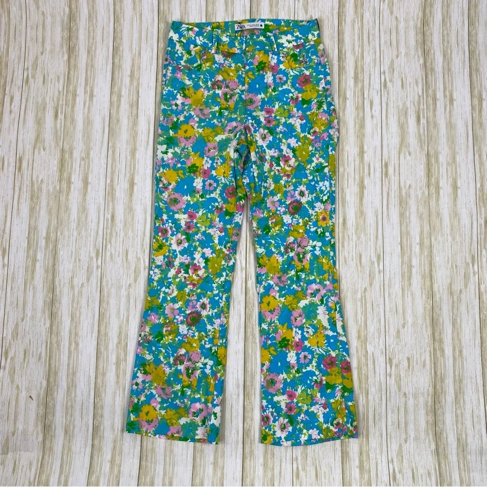 Zara Multicolor Floral Linen Blend Mini Flare Trouser Pants